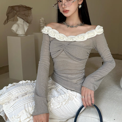 New One Shoulder Mesh Long Sleeve Ballet Style French Flower Edge Off Shoulder Sweet Girl Top
